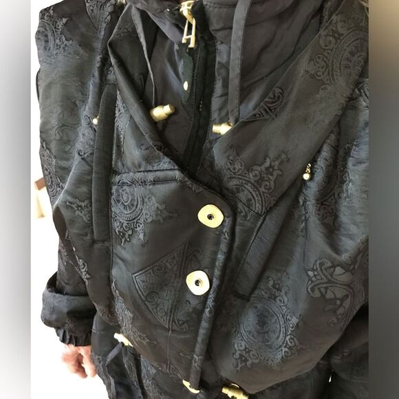 Vintage Obermeyer 2 pc Ski Jacket Pants Ski Suit Black Brocade Gold 80s 12P - Picture 15 of 16